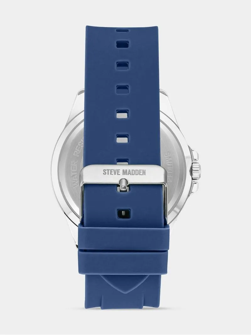 Steve Madden Women's Silver Plated & Navy Embossed Silicone Bracelet Watch
