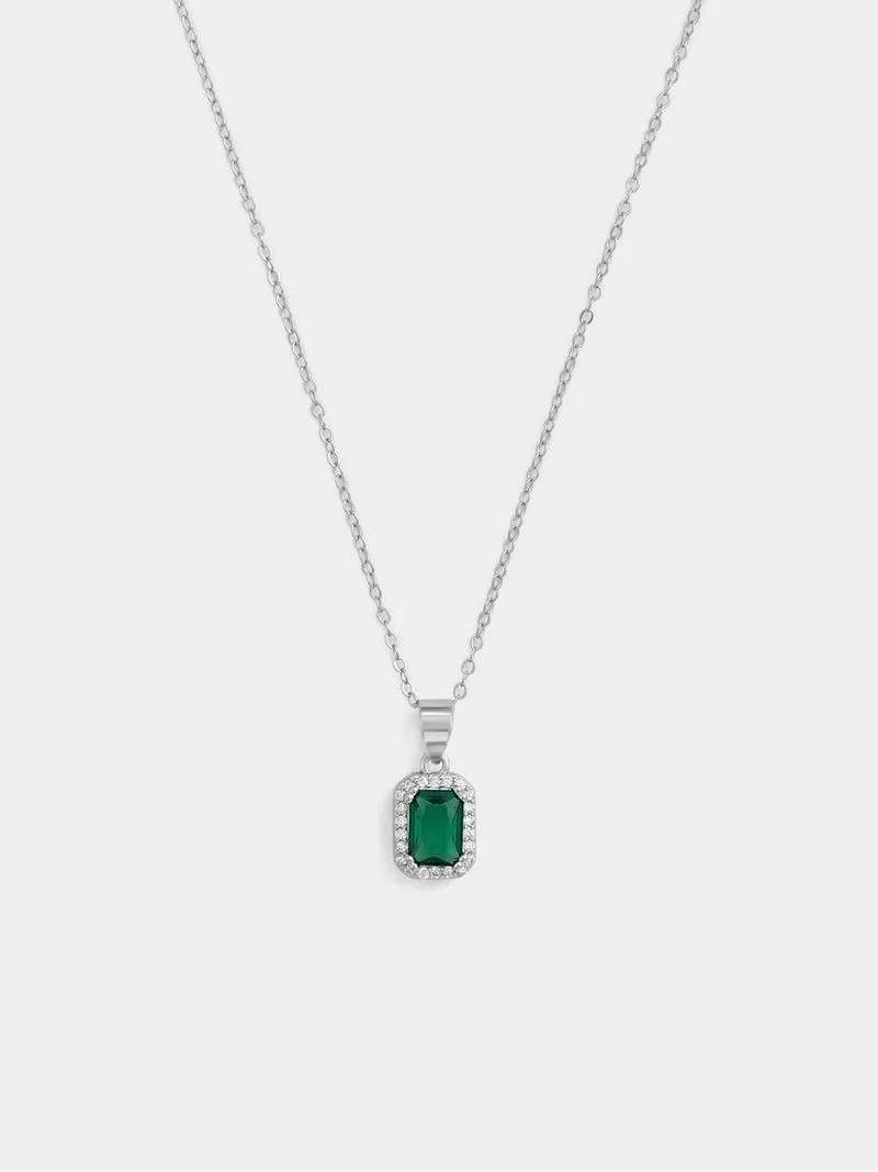 Sterling Silver Green Cubic Zirconia Emerald-Cut Halo Pendant