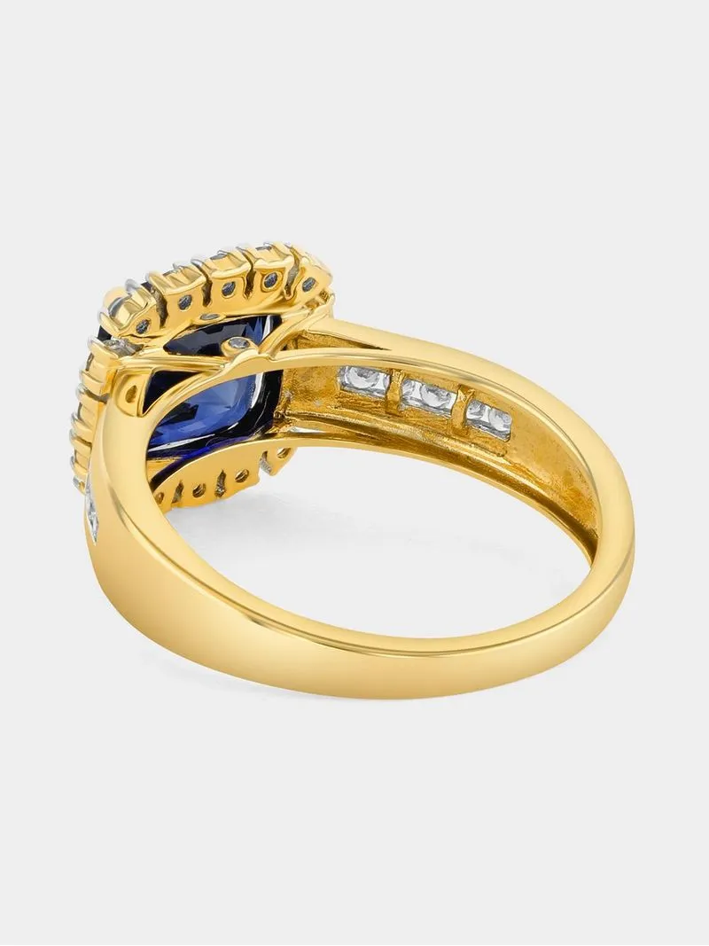 Yellow Gold Diamond & Created Blue Sapphire Cushion Halo Ring