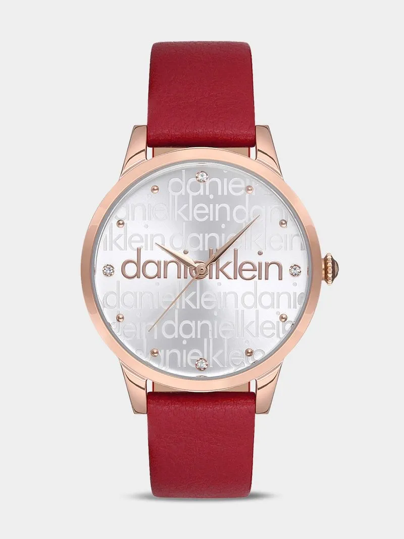 Daniel Klein Rose Plated Silver Tone Dial Red Leather Watch