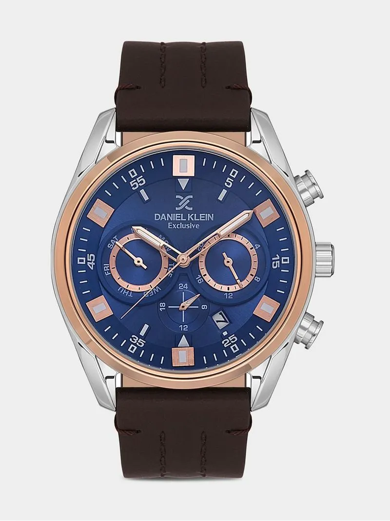 Daniel Klein Silver Plated Blue Dial Chronographic Brown Leather Watch