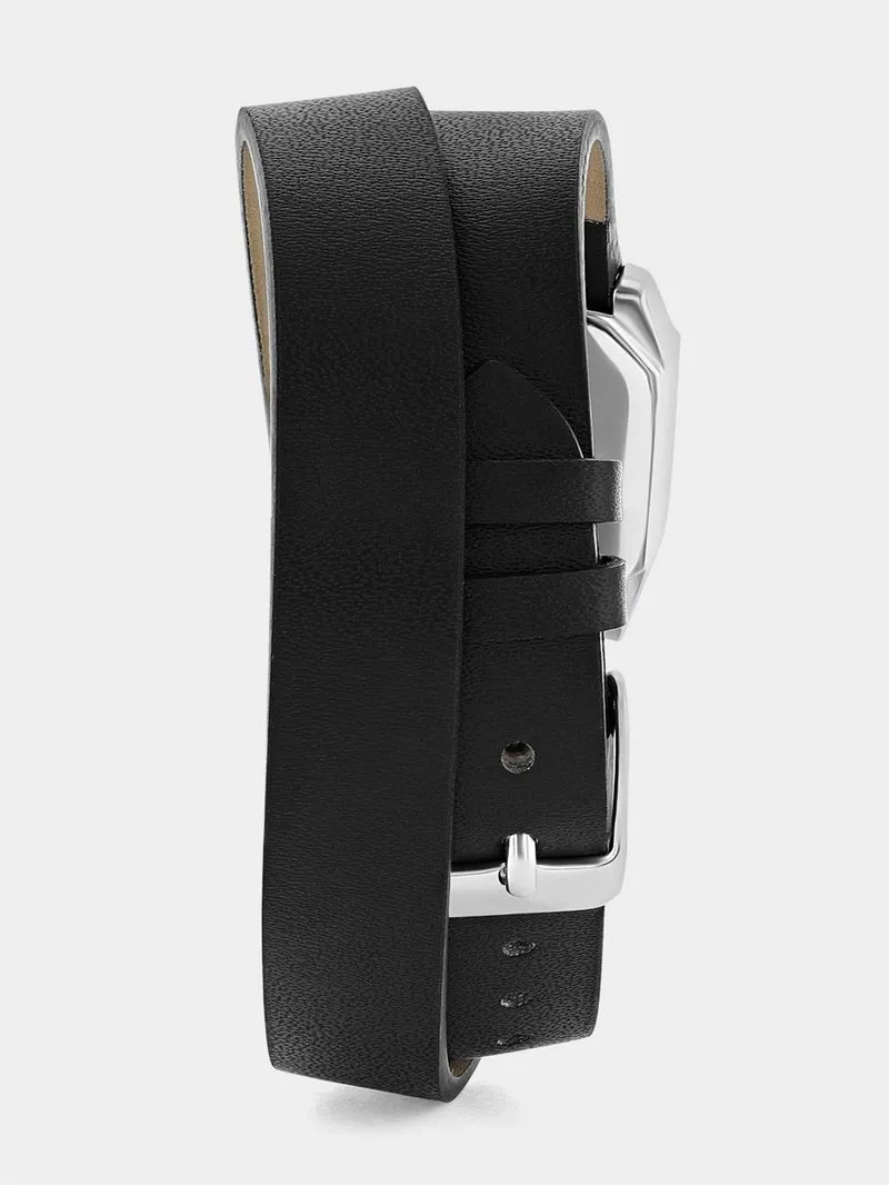 Tempo Silver Plated Black Rectangle Dial Black Leather Wrap Watch