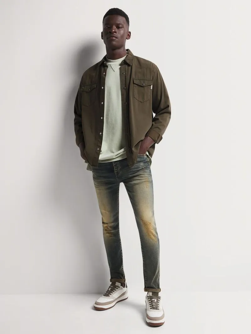 Men's Relay Jeans Super Skinny Rip And Repair Yellow Tint Blue Jeans
