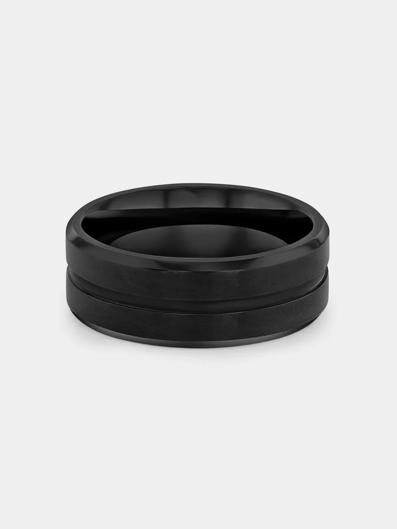 Brushed Stainless Steel Black-Toned Groove Detail Men’s Ring