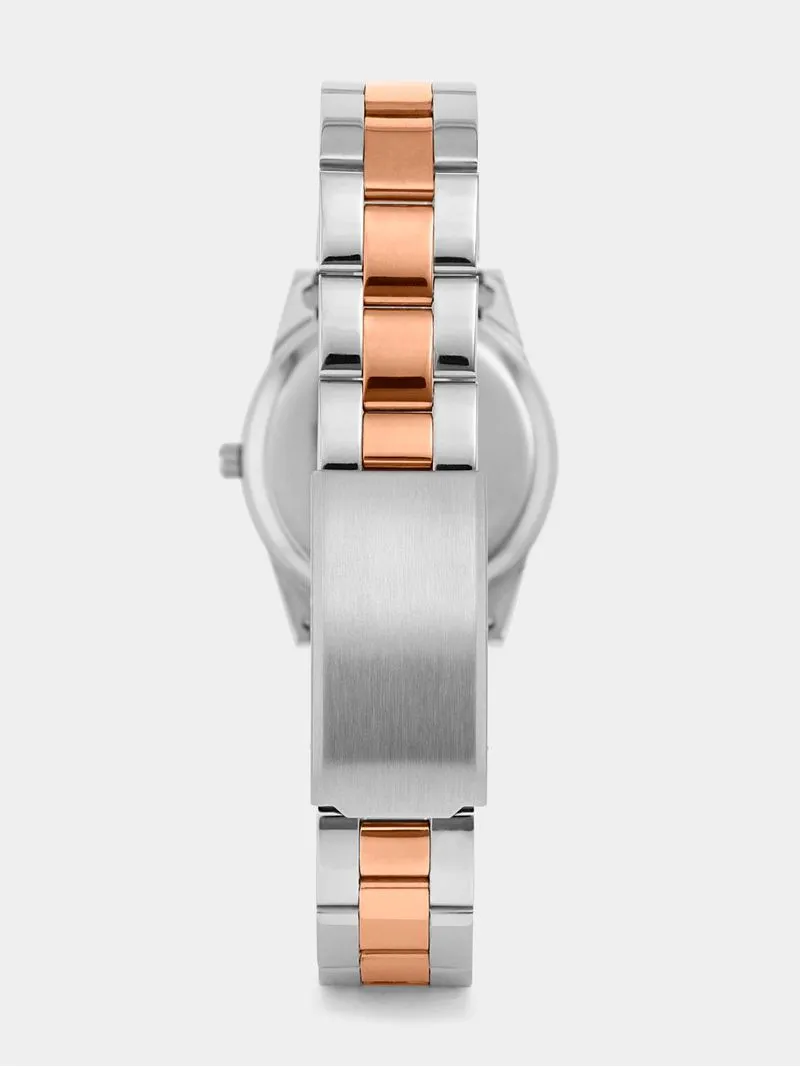 Tempo Women’s Silver & Rose Plated Coin Edge Brown Dial Bracelet Watch