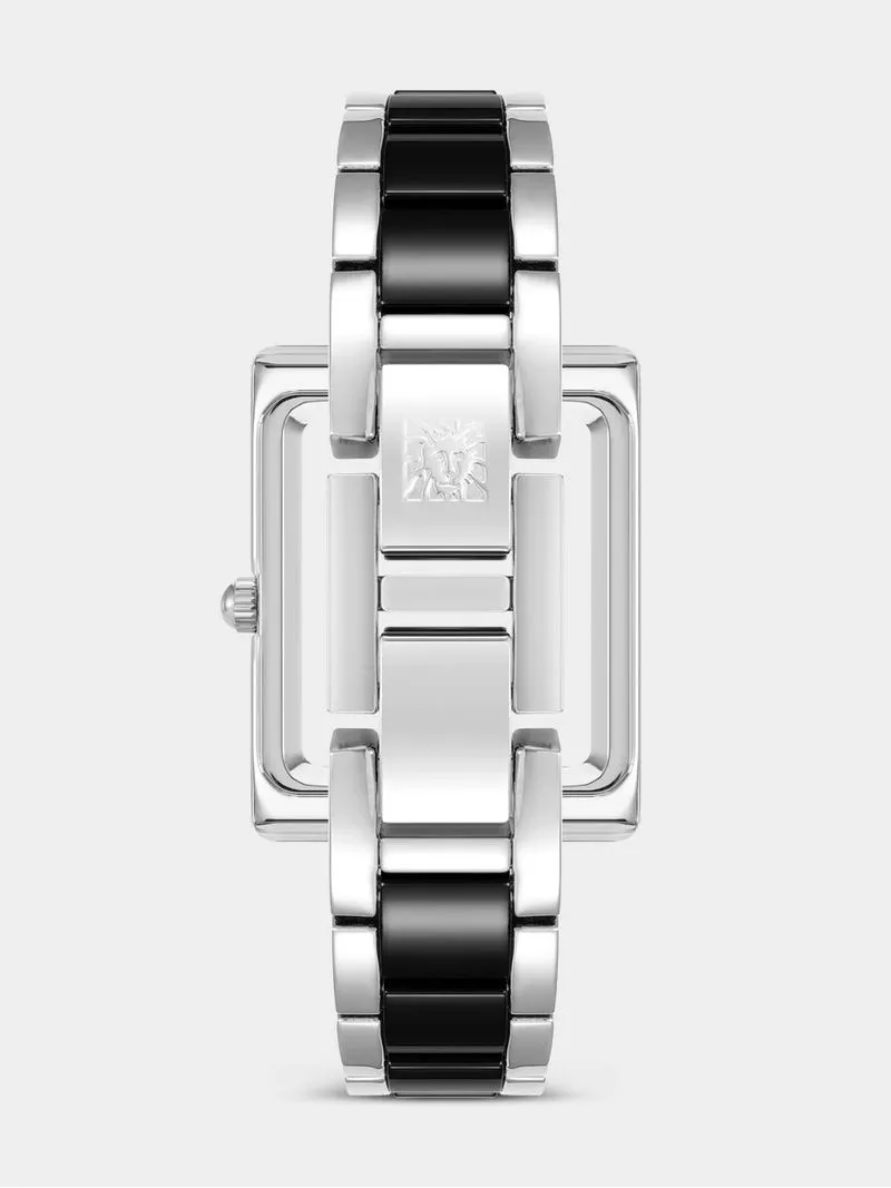 Anne Klein Silver Plated & Black Ceramic Rectangular Bracelet Watch