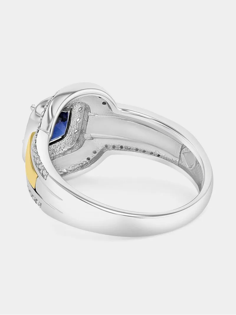Yellow Gold & Sterling Silver Diamond & Created Blue Sapphire Cushion Halo Ring