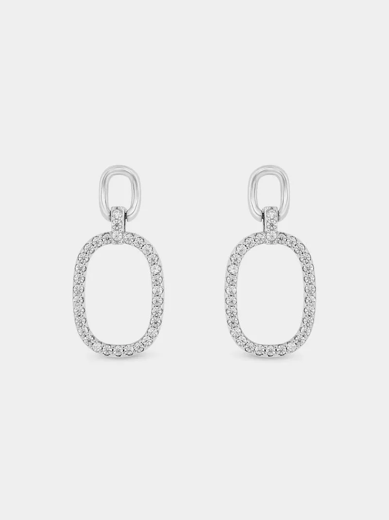 Sterling Silver Cubic Zirconia Double Oval Link Drop Earrings