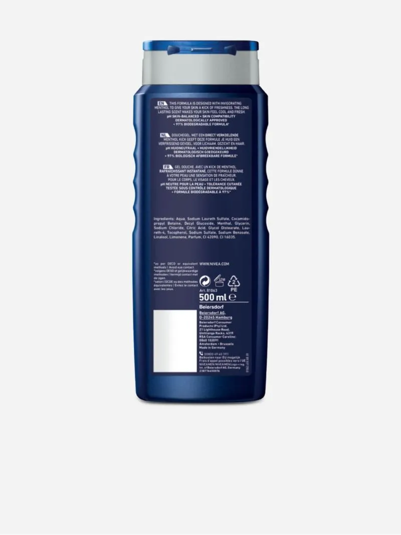 Nivea Men Cool Kick Shower Gel 24h Fresh Effect for Body, Face & Hair with Icy Menthol 500ml