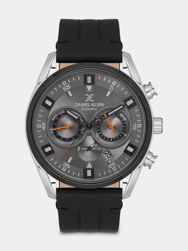 Daniel Klein Silver & Black Plated Grey Dial Black Leather Watch