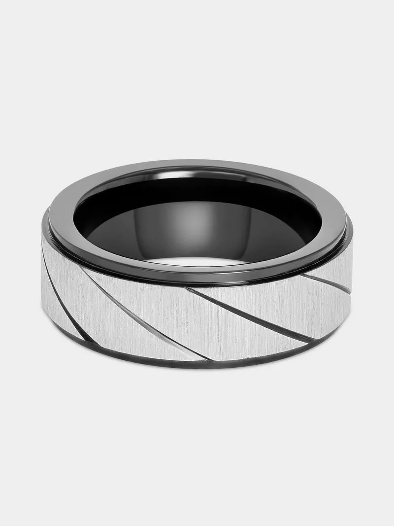 Stainless Steel 2-Tone Black Diagonal Striped Ring