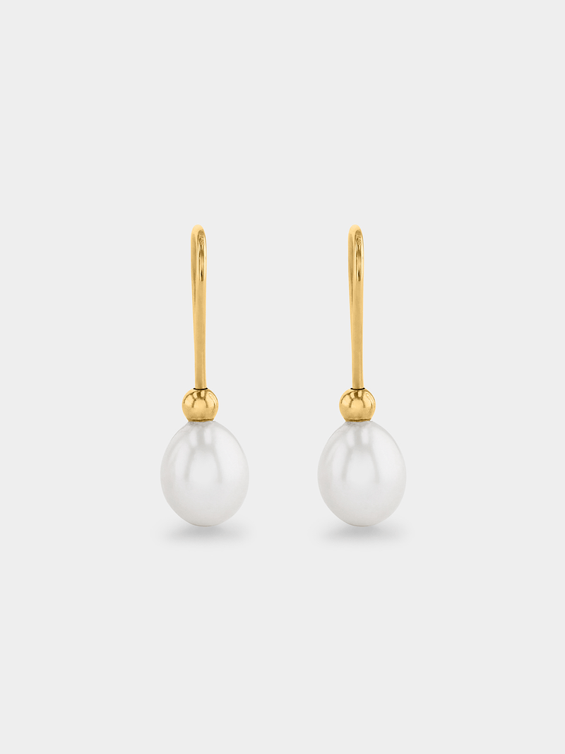Yellow Gold, 7mm Oval Fresh Water Pearl Drop Earrings