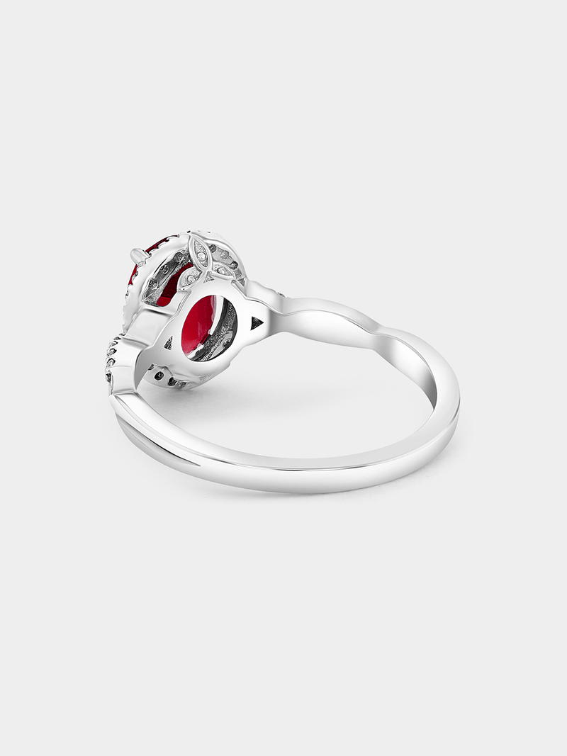 White Gold Lab Grown Ruby & Moissanite Women’s Oval Twist Ring
