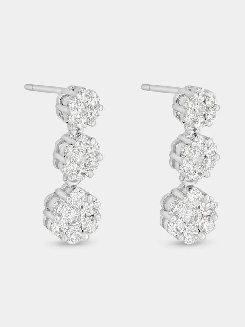 Sterling Silver Cubic Zirconia Round Cluster Drop Earrings