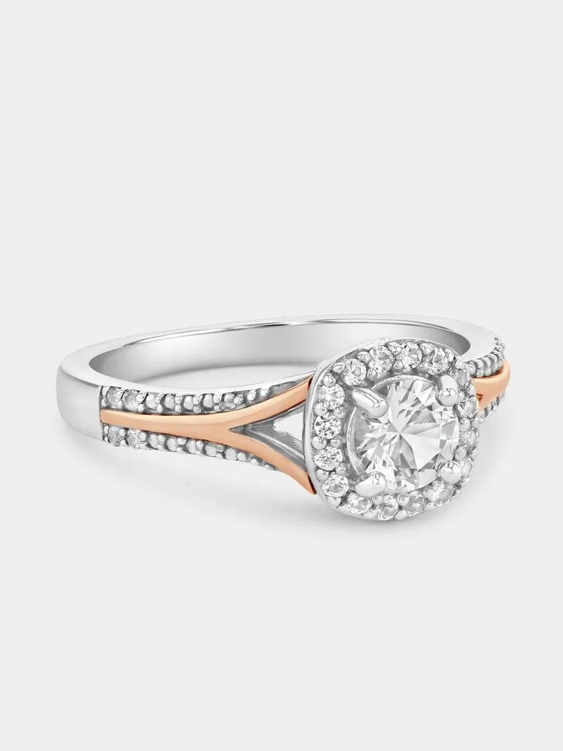 Rose Gold & Sterling Silver Diamond & Created Sapphire Cushion Halo Ring