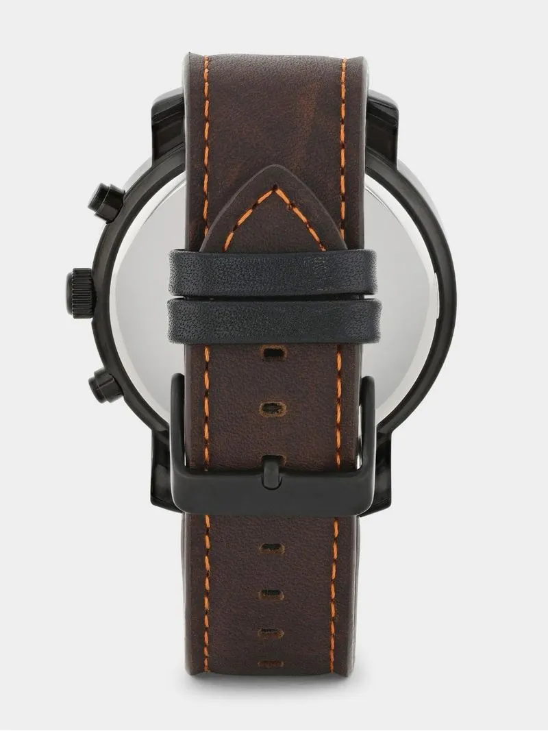 Tempo Timepiece Collection Black Plated Black Dial Multi Dial Brown Leather Watch