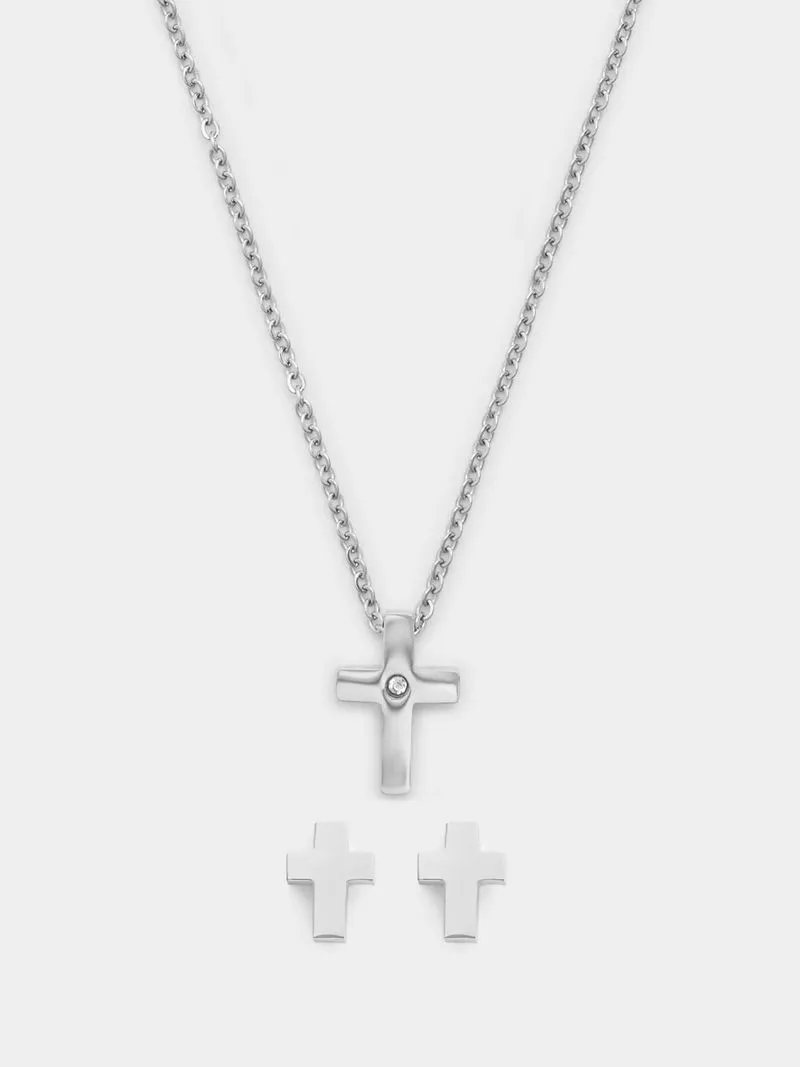 Stainless Steel Cross Pendant with Cross Studs Set