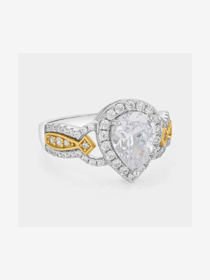 Yellow Gold & Sterling Silver Cubic Zirconia Pear Ring with side detail