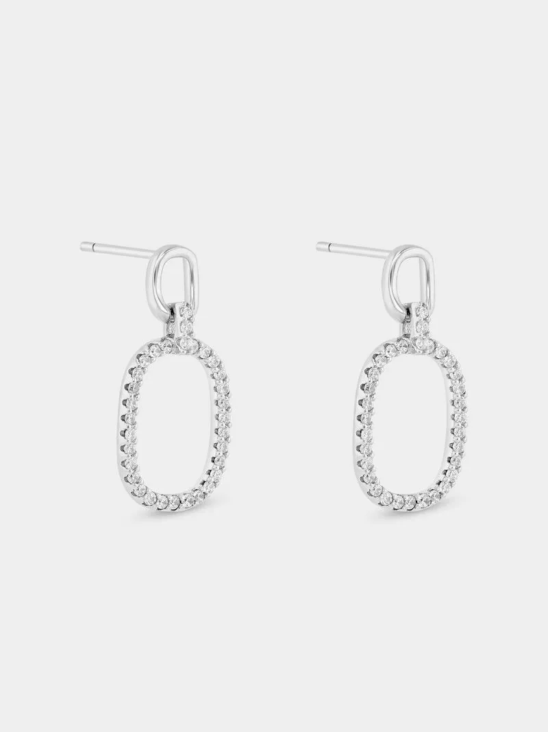 Sterling Silver Cubic Zirconia Double Oval Link Drop Earrings