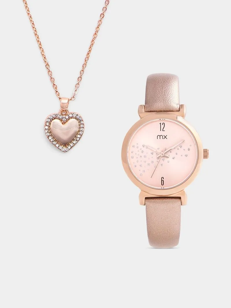 MX Women’s Rose Plated Light Brown Leather Watch & Pendant Set
