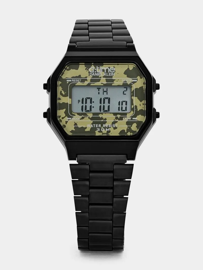 Daniel Klein Black Plated Camo Digital Bracelet Watch