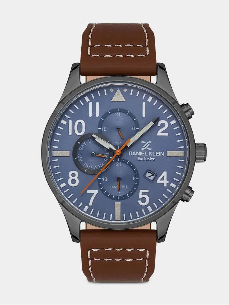 Daniel Klein Men's Blue Dial Brown Leather Chronograph Watch