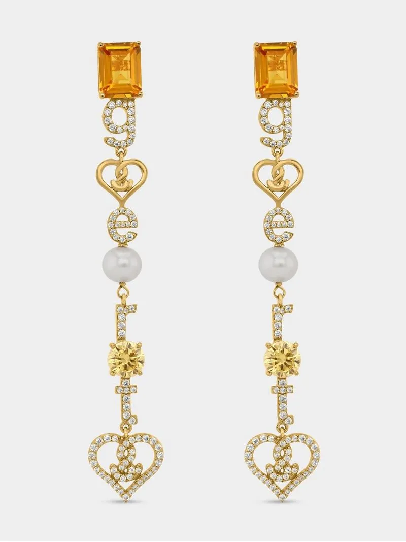 Gert Johan Coetzee Gold-tone Sterling Silver Cognac Cubic Zirconia & Pearl Love Generation Initial Earrings