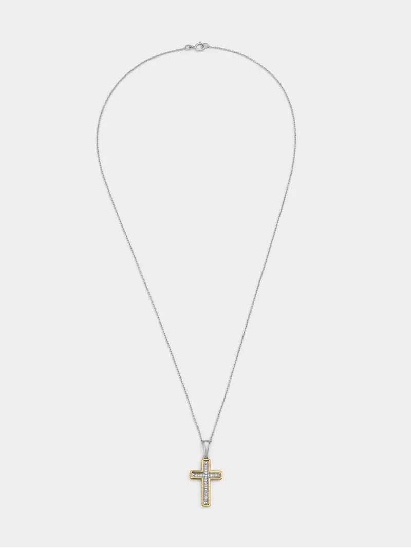 Yellow Gold & Sterling Silver Diamond & Created White Sapphire Cross Pendant