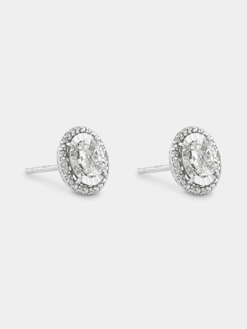 Sterling Silver Diamond & Created Sapphire Oval Illusion Stud Earrings
