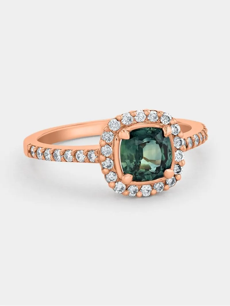 Rose Gold Diamond & Natural 1.31ct Teal Sapphire Cushion Halo Women’s Ring