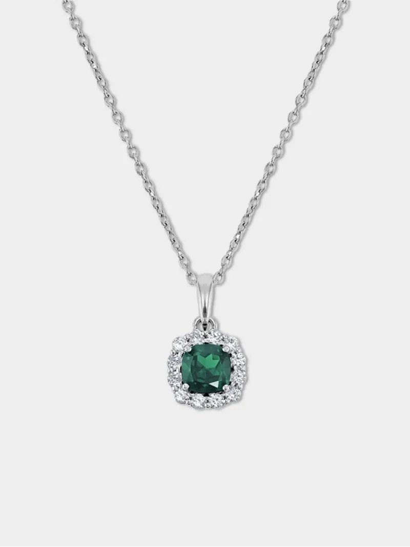Sterling Silver Diamond & Created Emerald Cushion Halo Pendant