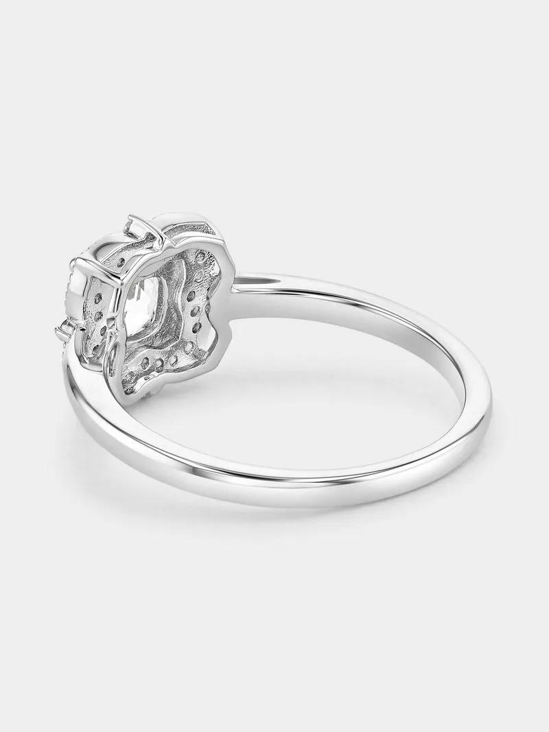 Sterling Silver Diamond & Created Sapphire Cushion Halo Ring