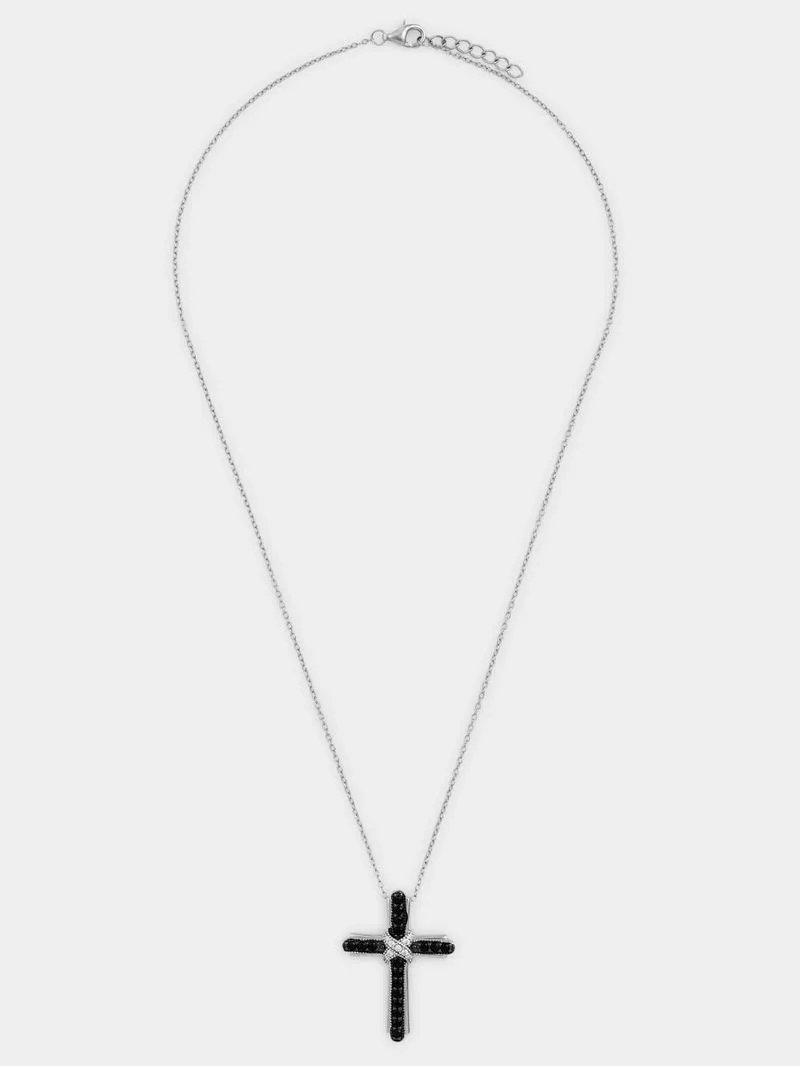 Sterling Silver Black & White Cubic Zirconia Kiss Cross Pendant