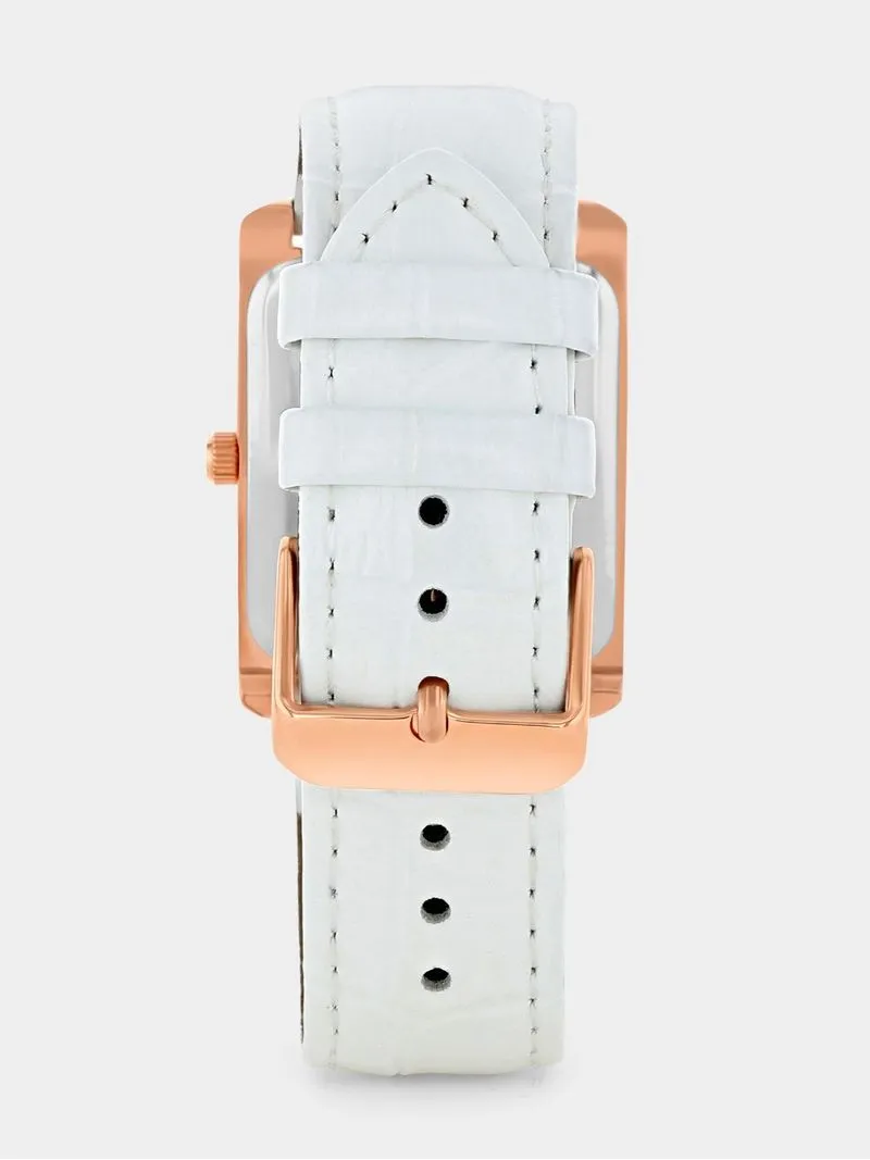 Tempo Timepiece Collection Rose Plated White Rectangle Dial White Leather Watch