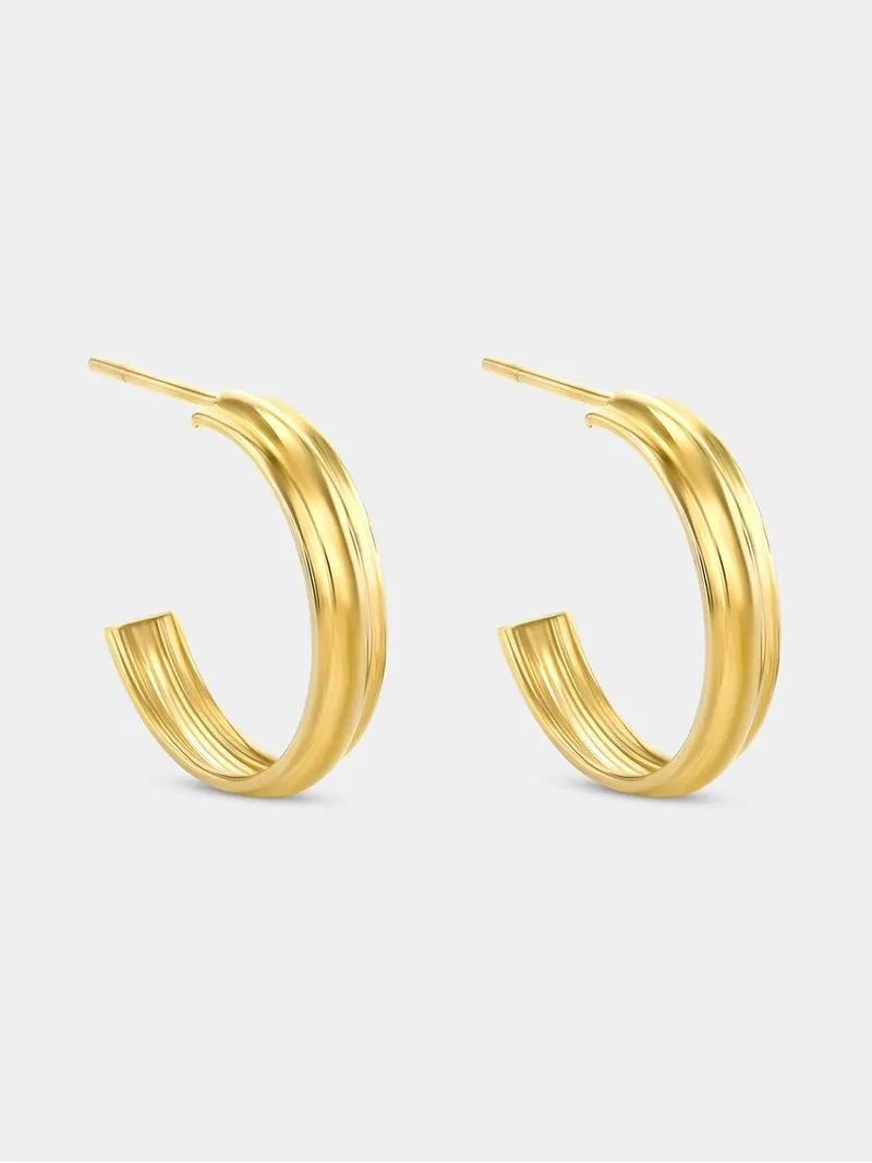 Yellow Gold, 4mm Ridged Open End Hoop Earrings