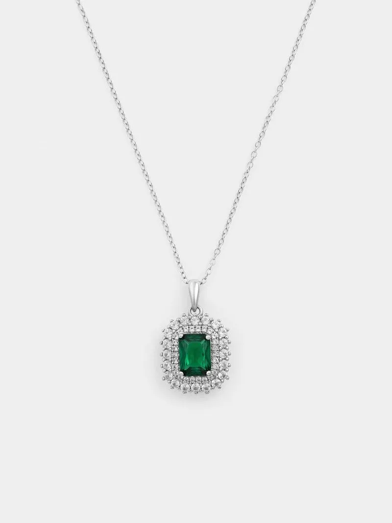 Sterling Silver Diamond & Green Spinel Emerald-Cut Halo Pendant
