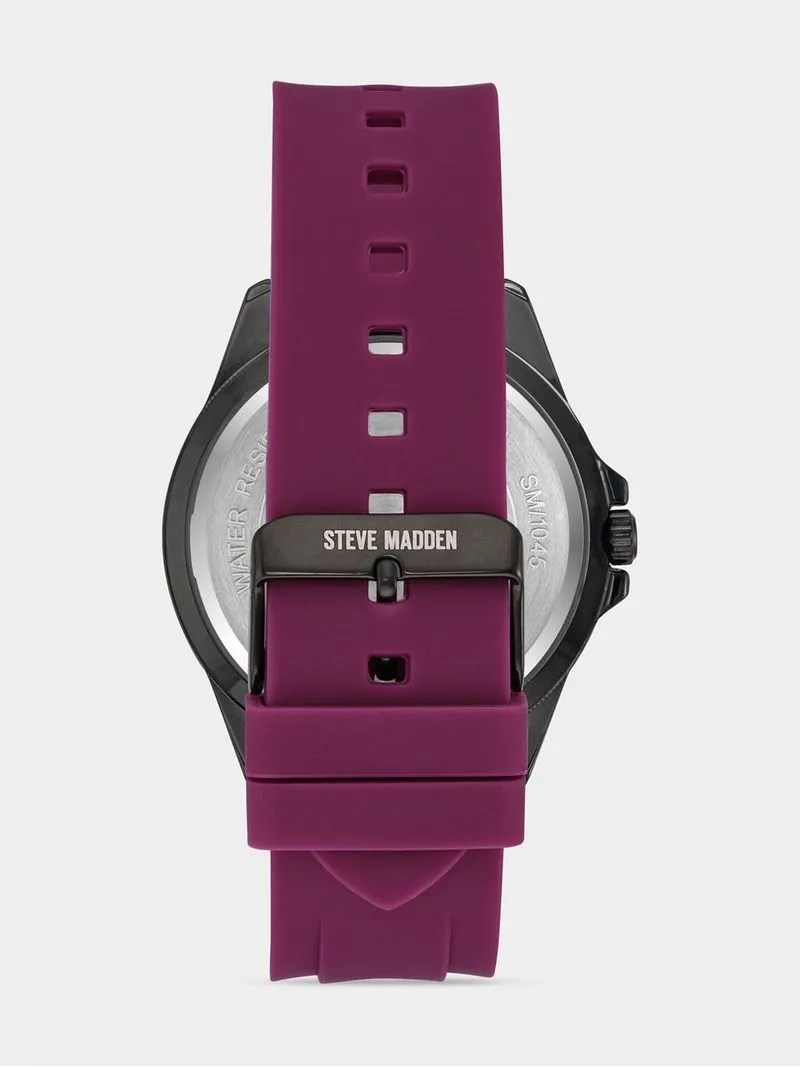 Steve Madden Women's Gunmetal Plated & Purple Embossed Silicone Bracelet Watch