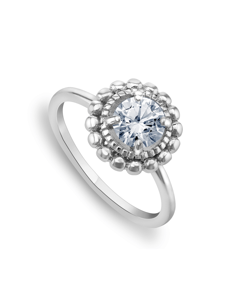 Sterling Silver Cubic Zirconia Women’s Beaded Halo Ring