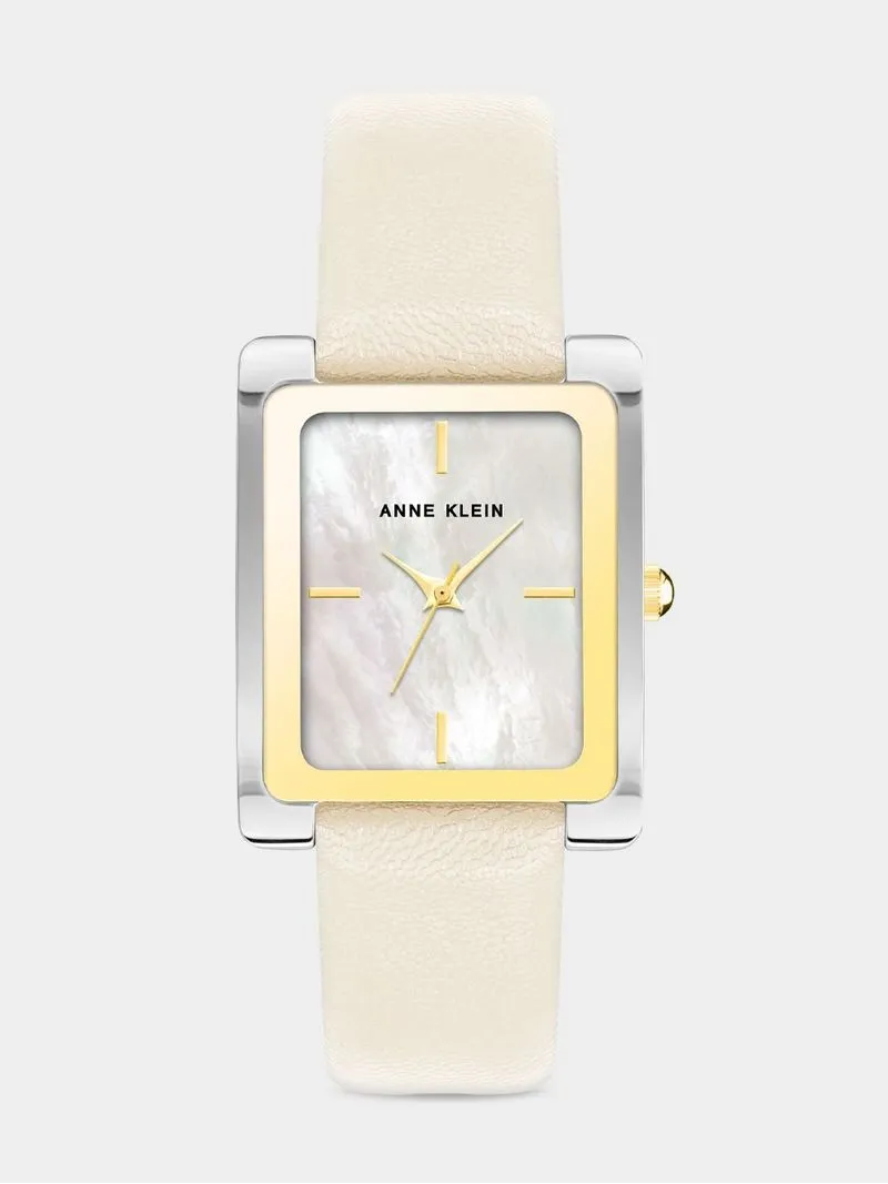 Anne Klein Silver & Gold Plated Rectangular Ivory Leather Watch