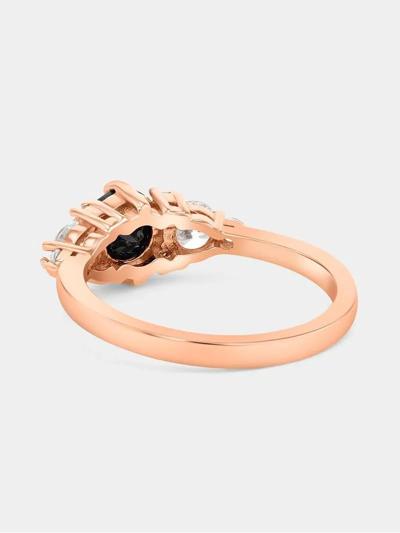 Rose Plated Sterling Silver Black & White Cubic Zirconia Trilogy Ring