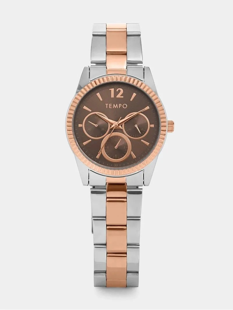 Tempo Women’s Silver & Rose Plated Coin Edge Brown Dial Bracelet Watch