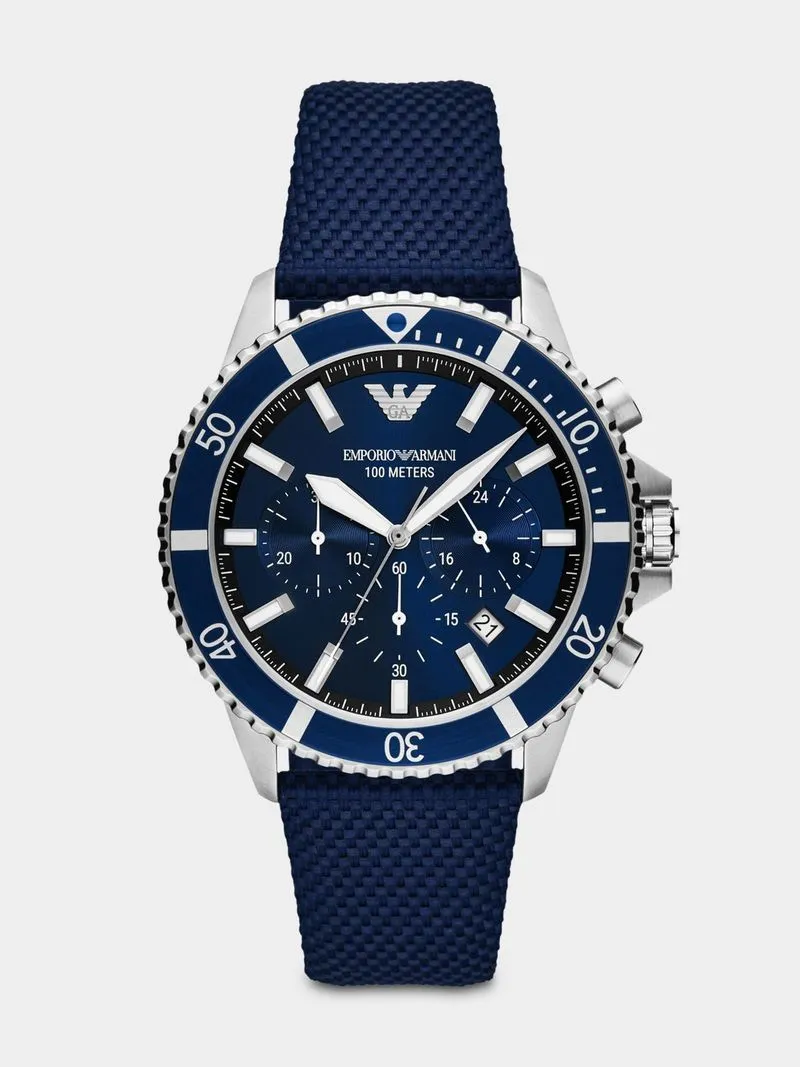 Emporio Armani Stainless Steel & Blue Nylon Leather Chronograph Watch