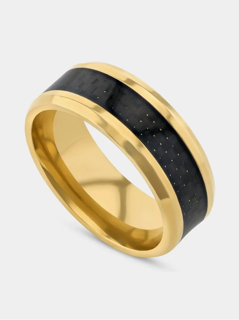Stainless Steel 2-Tone Gold Plated Black Carbon Forged Ring