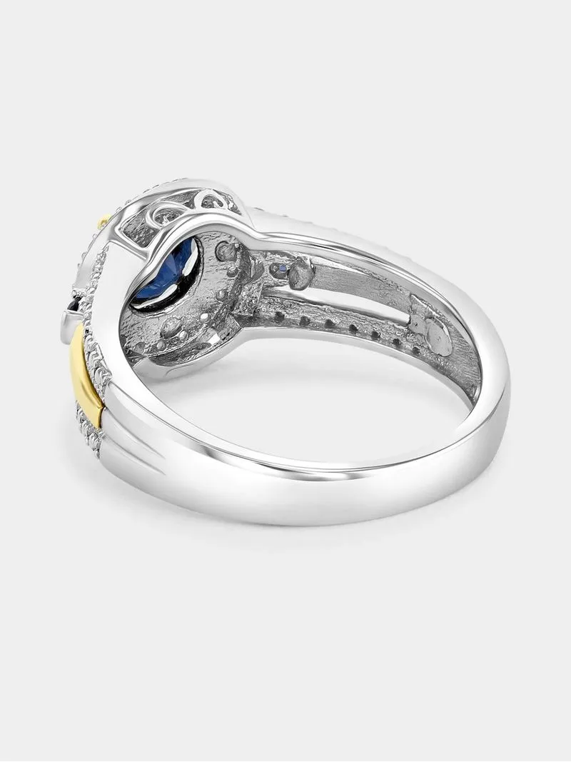 Yellow Gold & Sterling Silver Diamond & Created Blue Sapphire Round Halo Ring