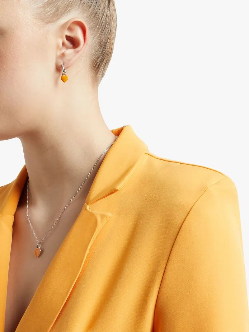 Rhodium Plated Brass Huggies with Orange Enamel Heart Charm