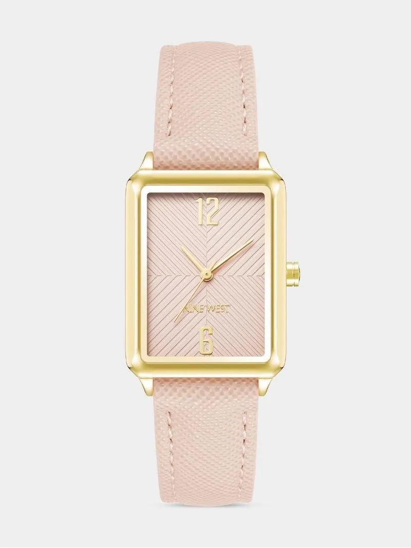 Nine West Women's Gold Plated & Pink Rectangular Vegan Leather Watch