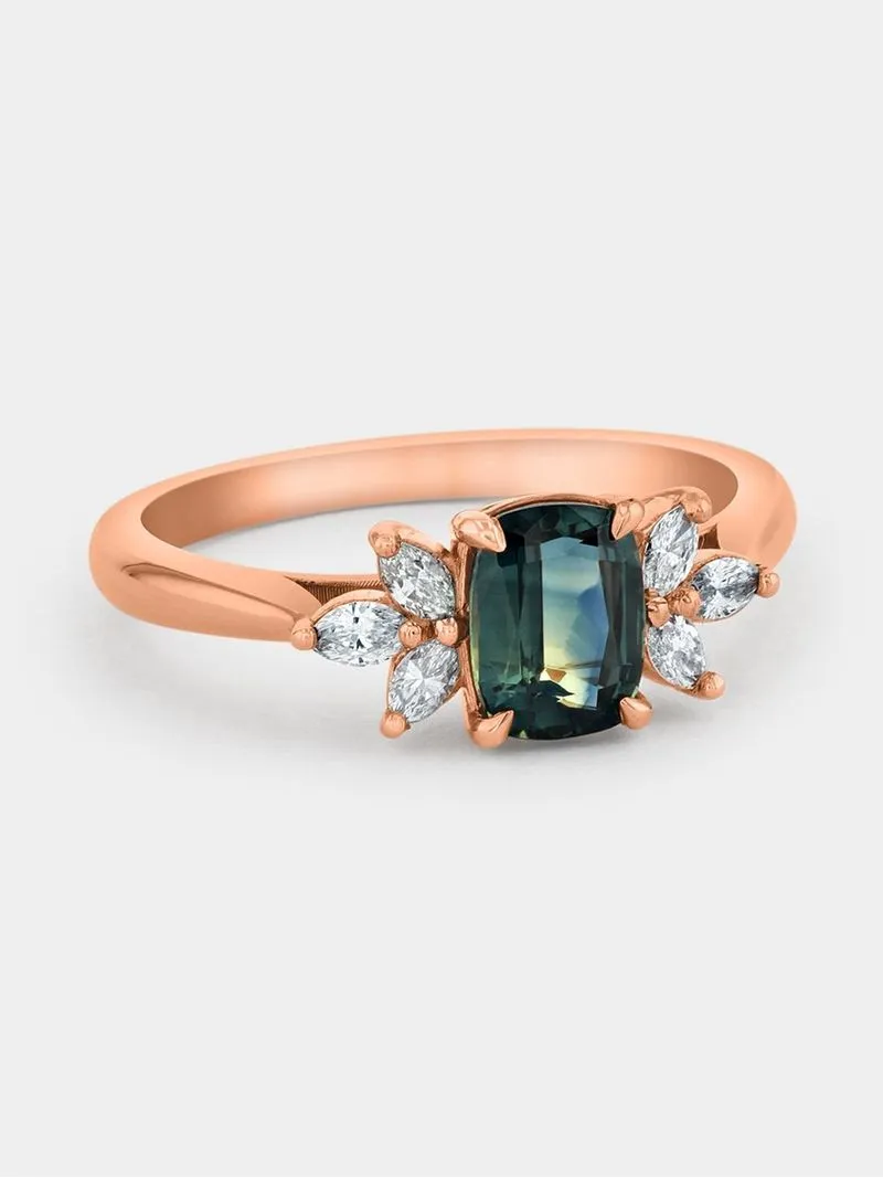 Rose Gold Diamond & Natural Teal Sapphire Cushion Embrace Women’s Ring