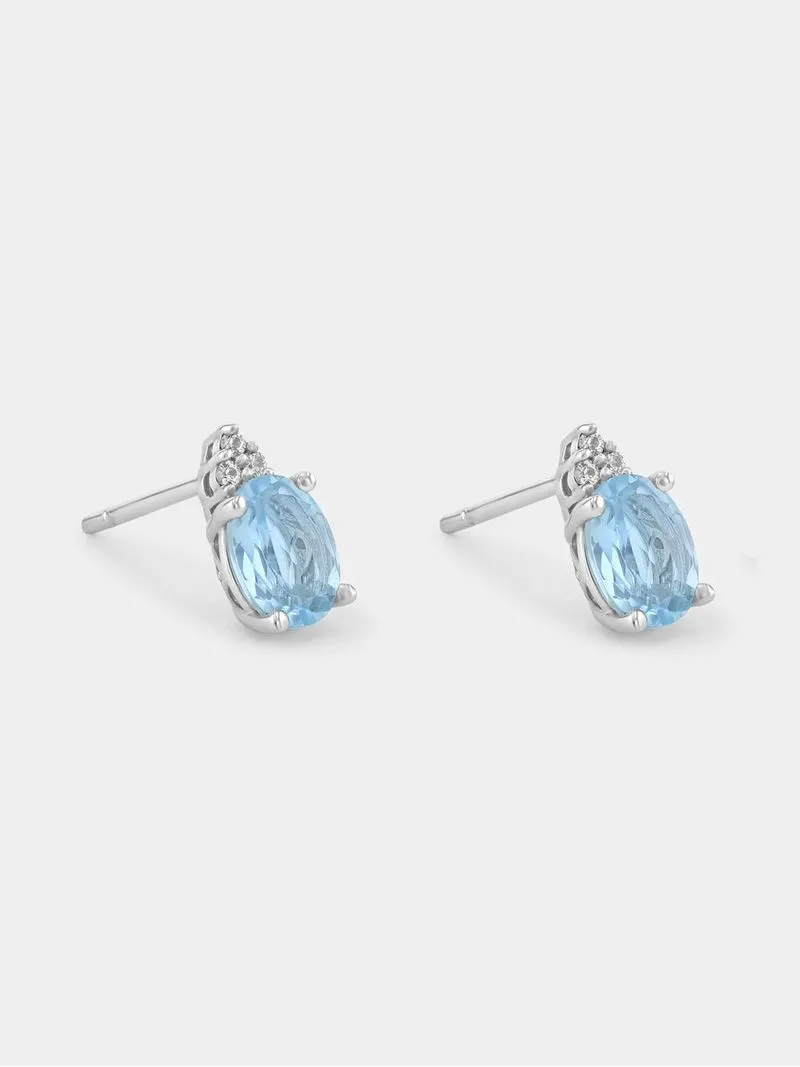 Sterling Silver Diamond & Sky Blue Topaz Oval Stud Earrings