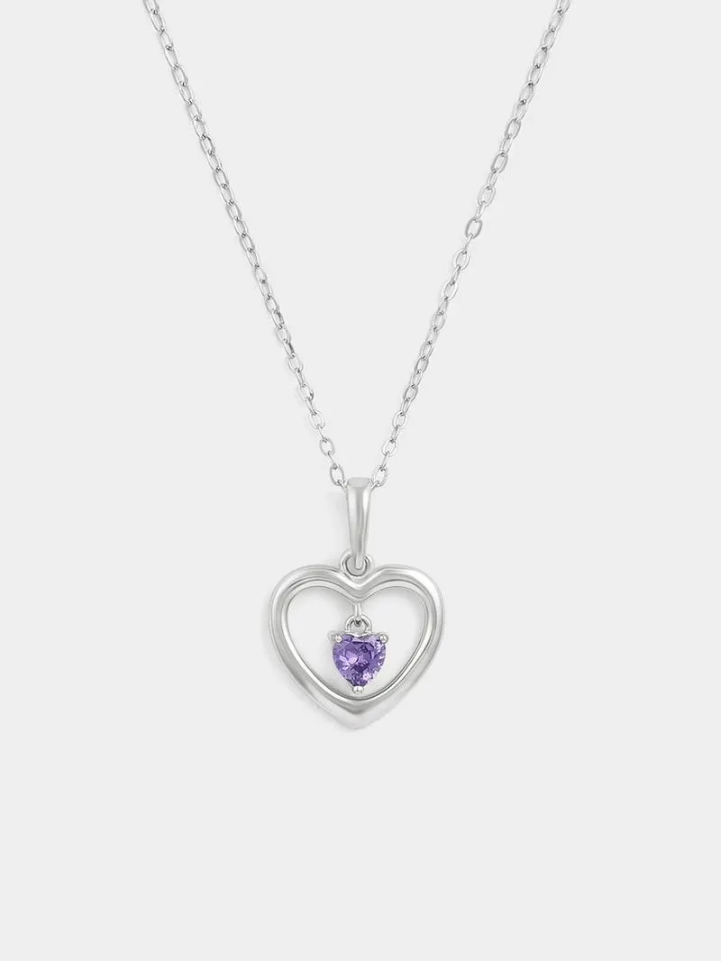 Sterling Silver Amethyst Purple Cubic Zirconia February Birthstone Kid’s Heart Pendant