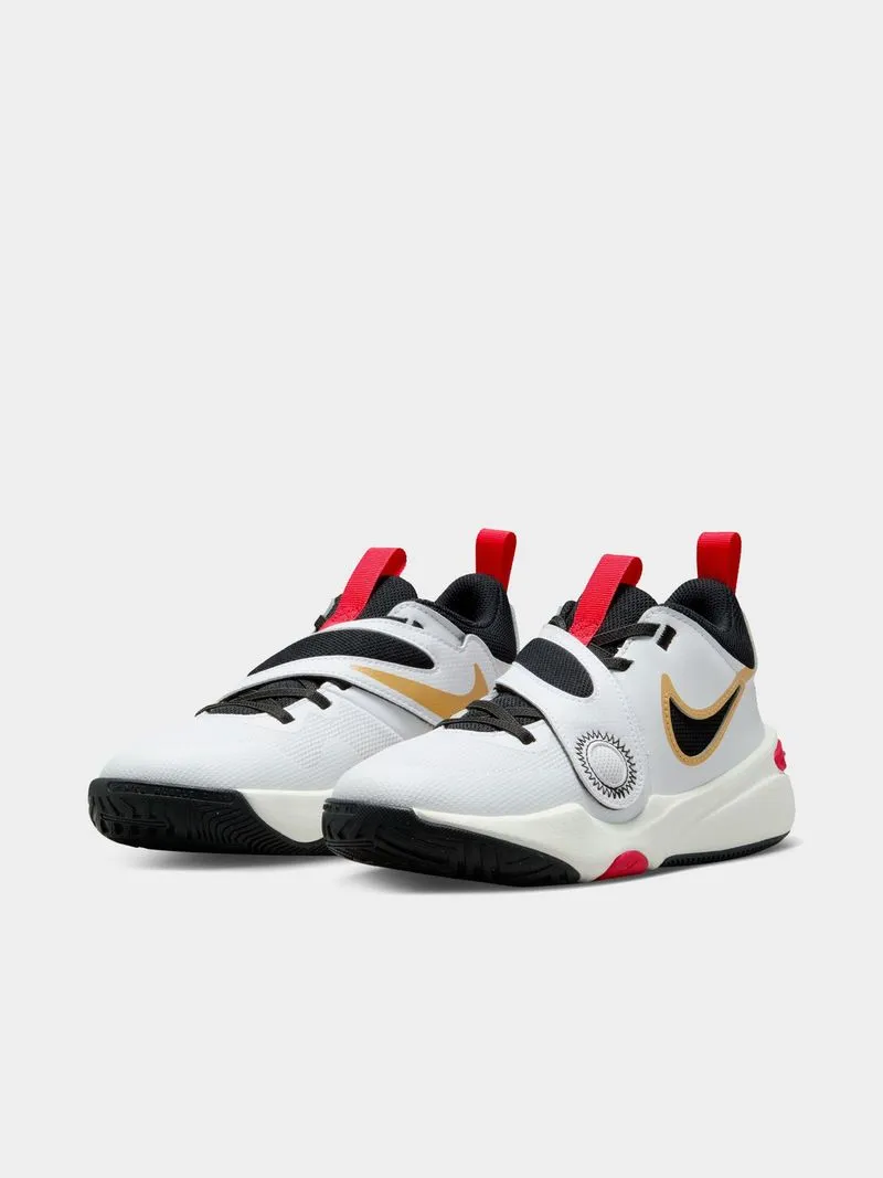 Junior Grade-School Nike Team Hustle 11 White/Black/Gold Training Shoes